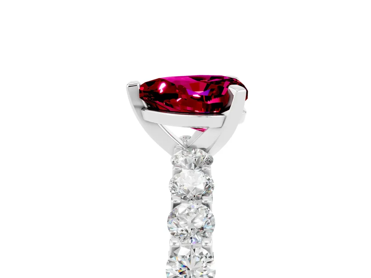 Heart Cut Garnet Solitaire Ring with Shared Prong Pavé Band and Four-Prong Setting Silver