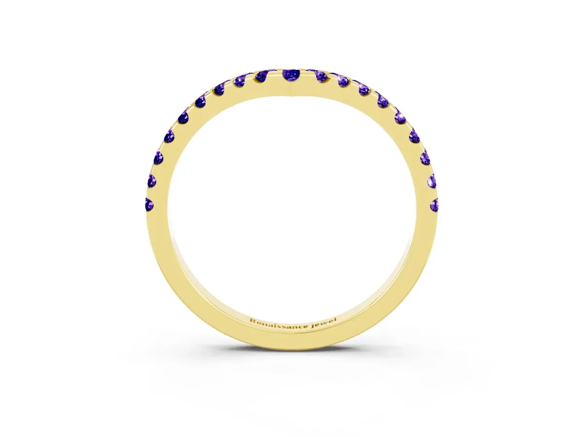 Pavé Round Tanzanite Chevron Band with Shared Prong Setting Yellow gold
