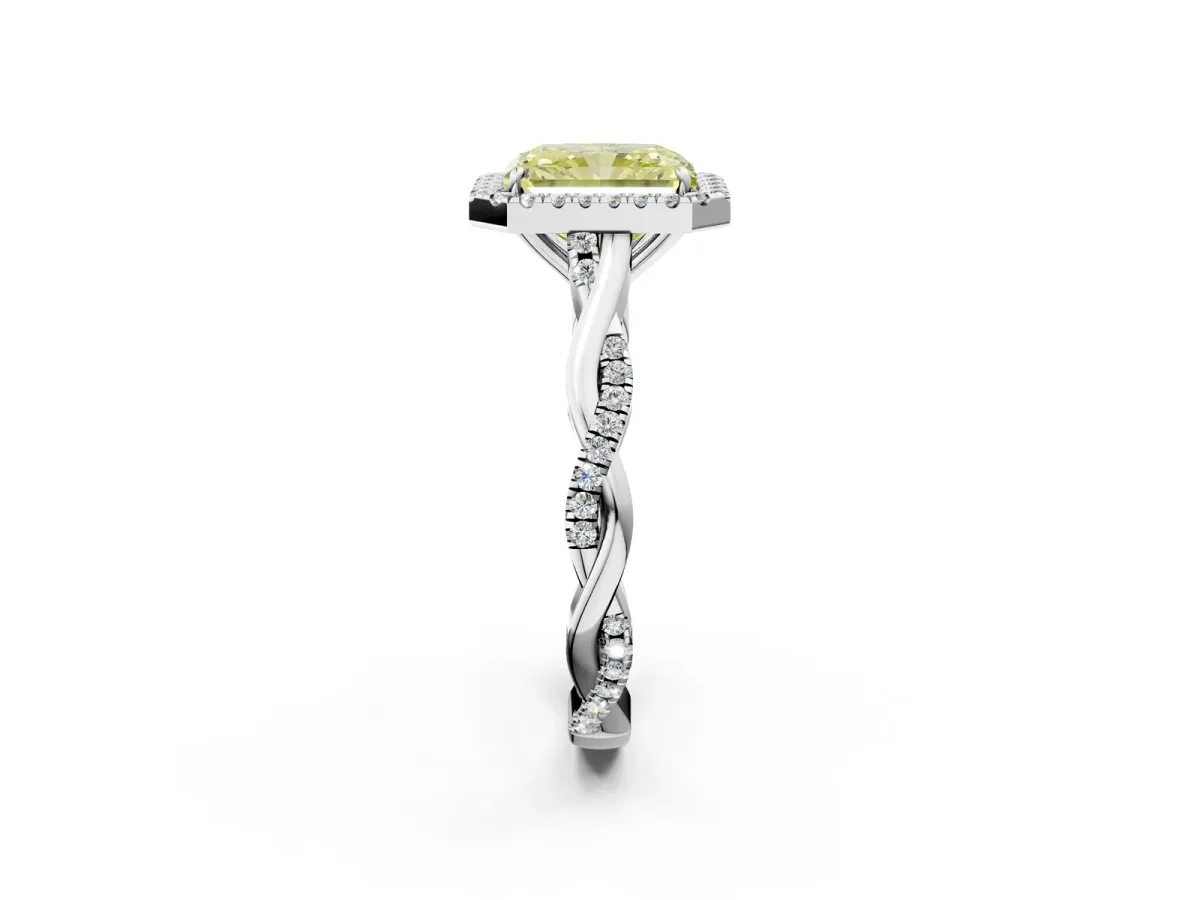 Fancy Yellow Radiant Cut Halo Twist Band Solitaire Ring Platinum