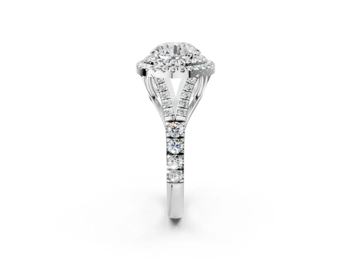 Round Cut Diamond Double Halo Ring with Split Shank and Prong Setting Platinum
