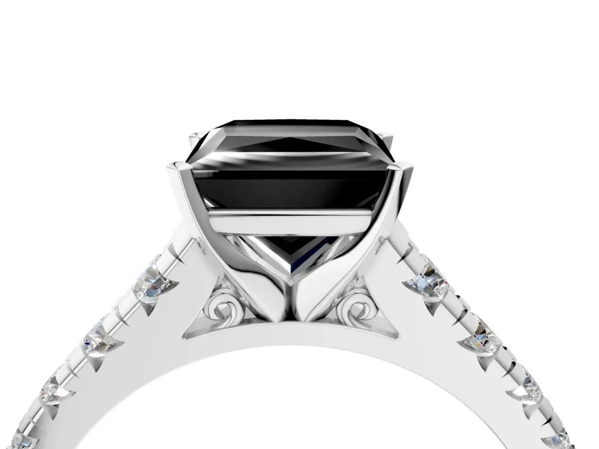 Fancy Black Princess Cut Diamond Cathedral Solitaire Ring with Round Pavé Band Platinum