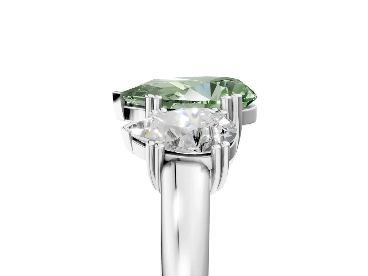 Fancy Green Three-Stone Pear Cut Cut Diamond Ring with Channel Set Band and Four-Prong Setting Silver