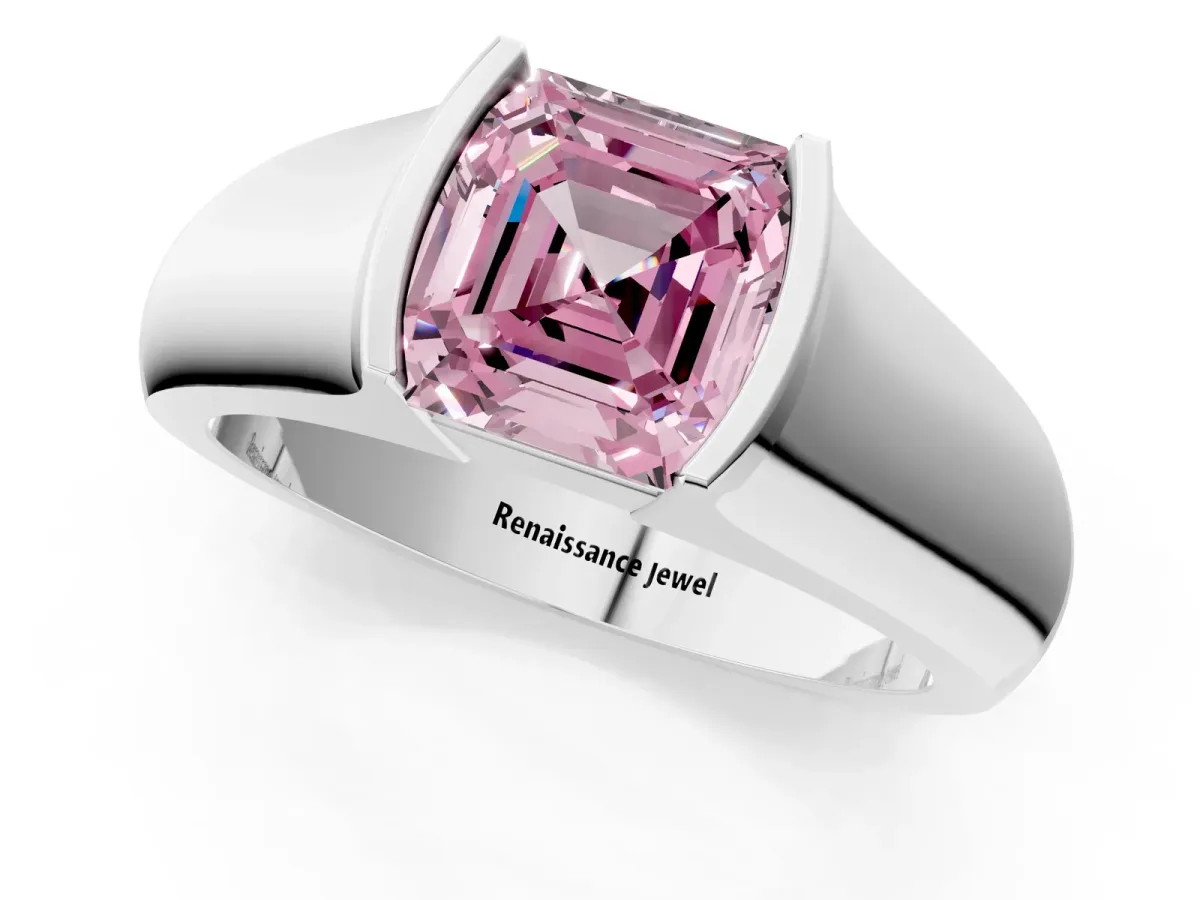 Fancy Pink Asscher Cut Solitaire Bezel Set Diamond Ring with Wide Band Platinum