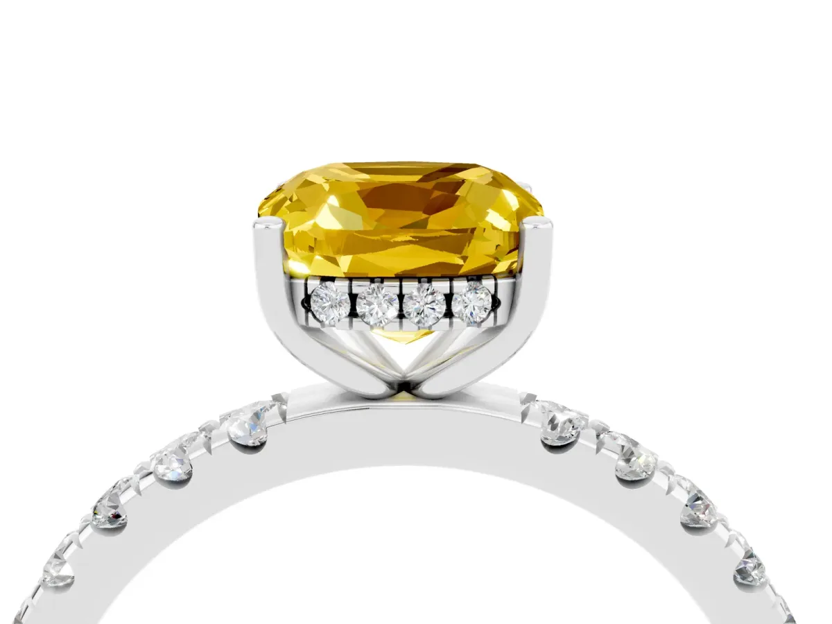 Cushion Cut Yellow Sapphire Pave Band Solitaire Ring with Round and Prong Setting Silver