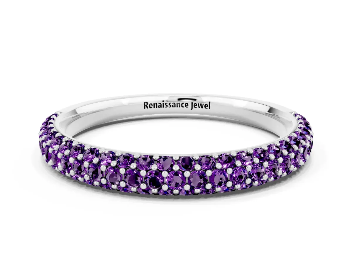 Round Amethyst Pavé Eternity Band with Shared Prong Setting White gold