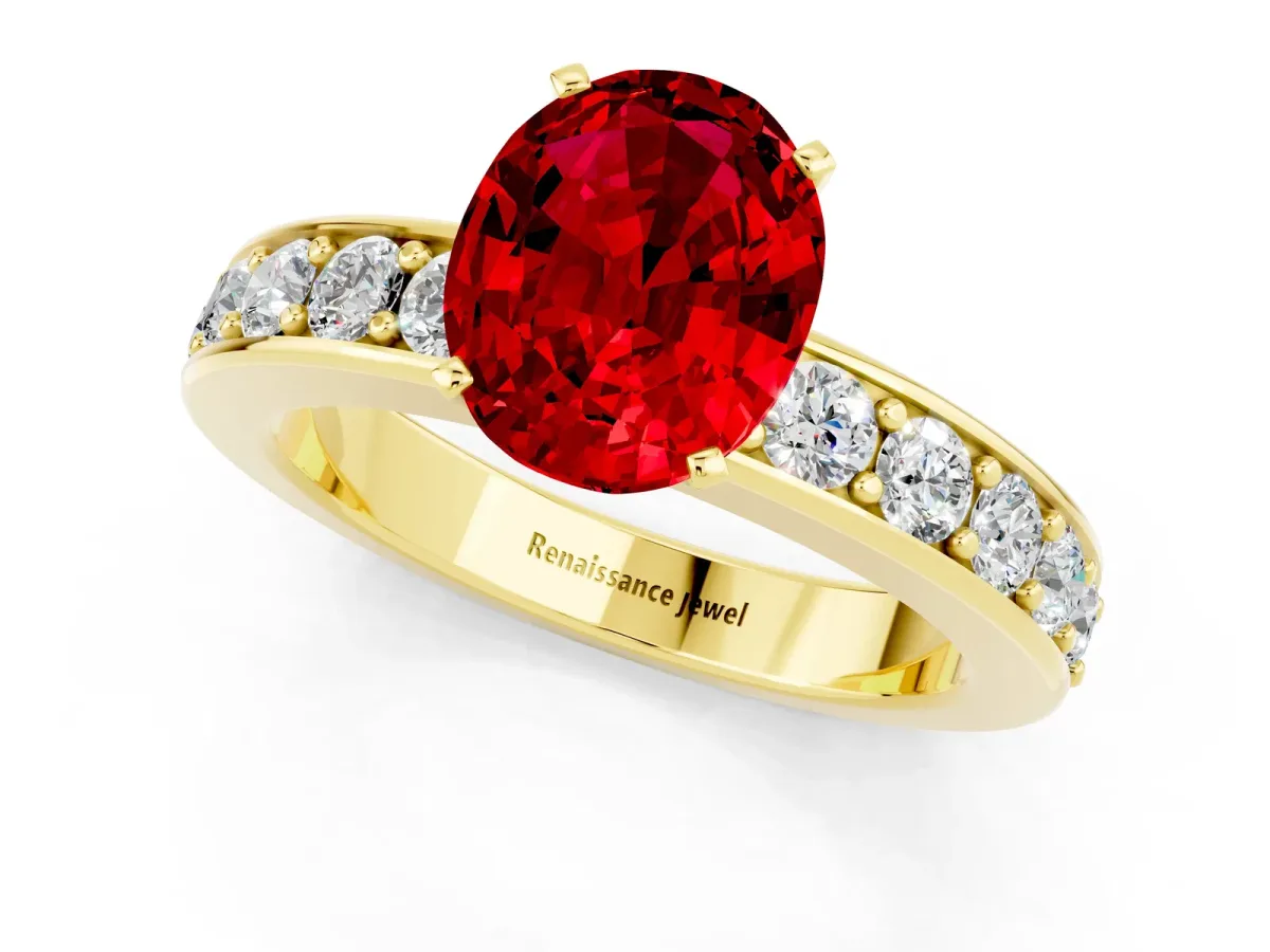 Oval Cut Ruby Engagement Ring with Channel Set Round Band and Prong Setting Yellow gold