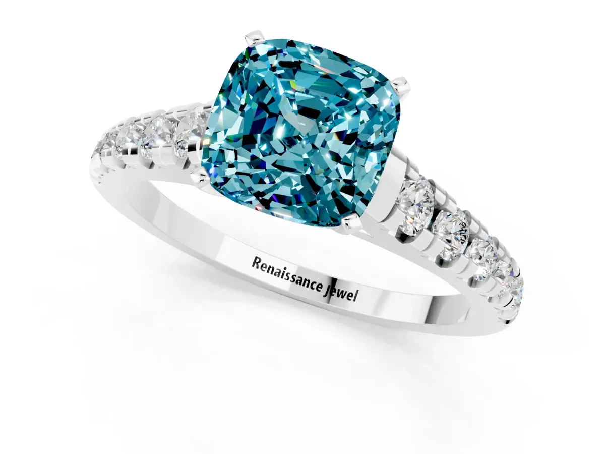 Cushion Cut Blue Topaz Cathedral Solitaire Ring with Round Pavé Band Silver