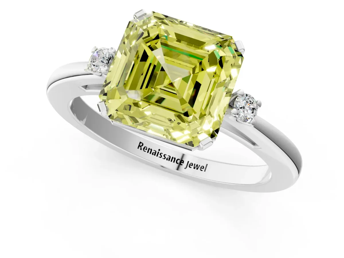 Fancy Yellow Asscher Cut Cut Three-Stone Solitaire Ring with Round Accent Diamonds and Four-Prong Setting Platinum