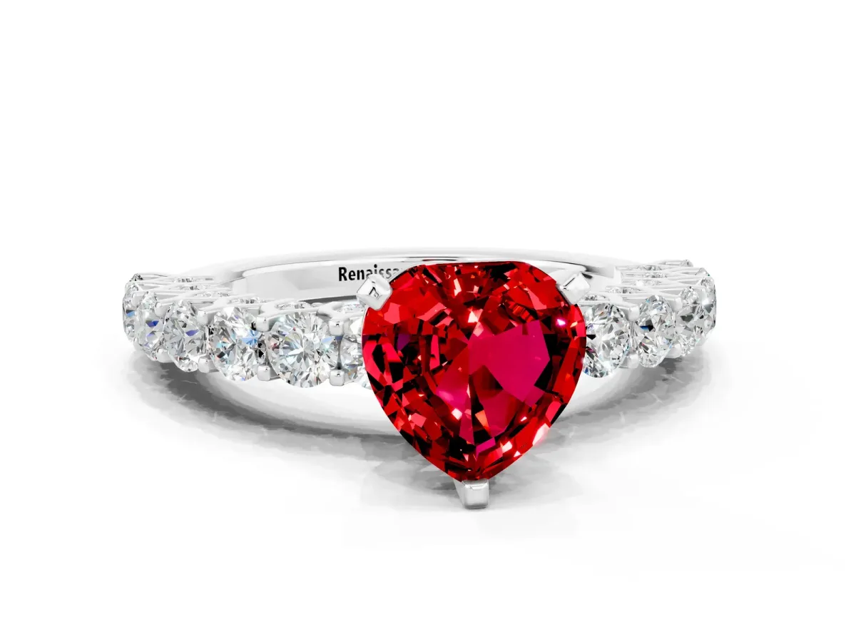Heart Cut Ruby Solitaire Ring with Shared Prong Pavé Band and Four-Prong Setting Silver