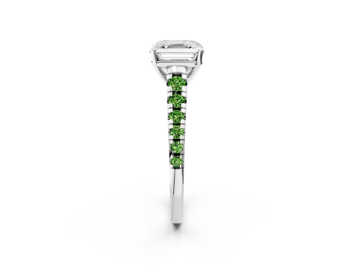 Asscher Cut Diamond Cathedral Solitaire Ring with Round Peridot Pavé Band Silver
