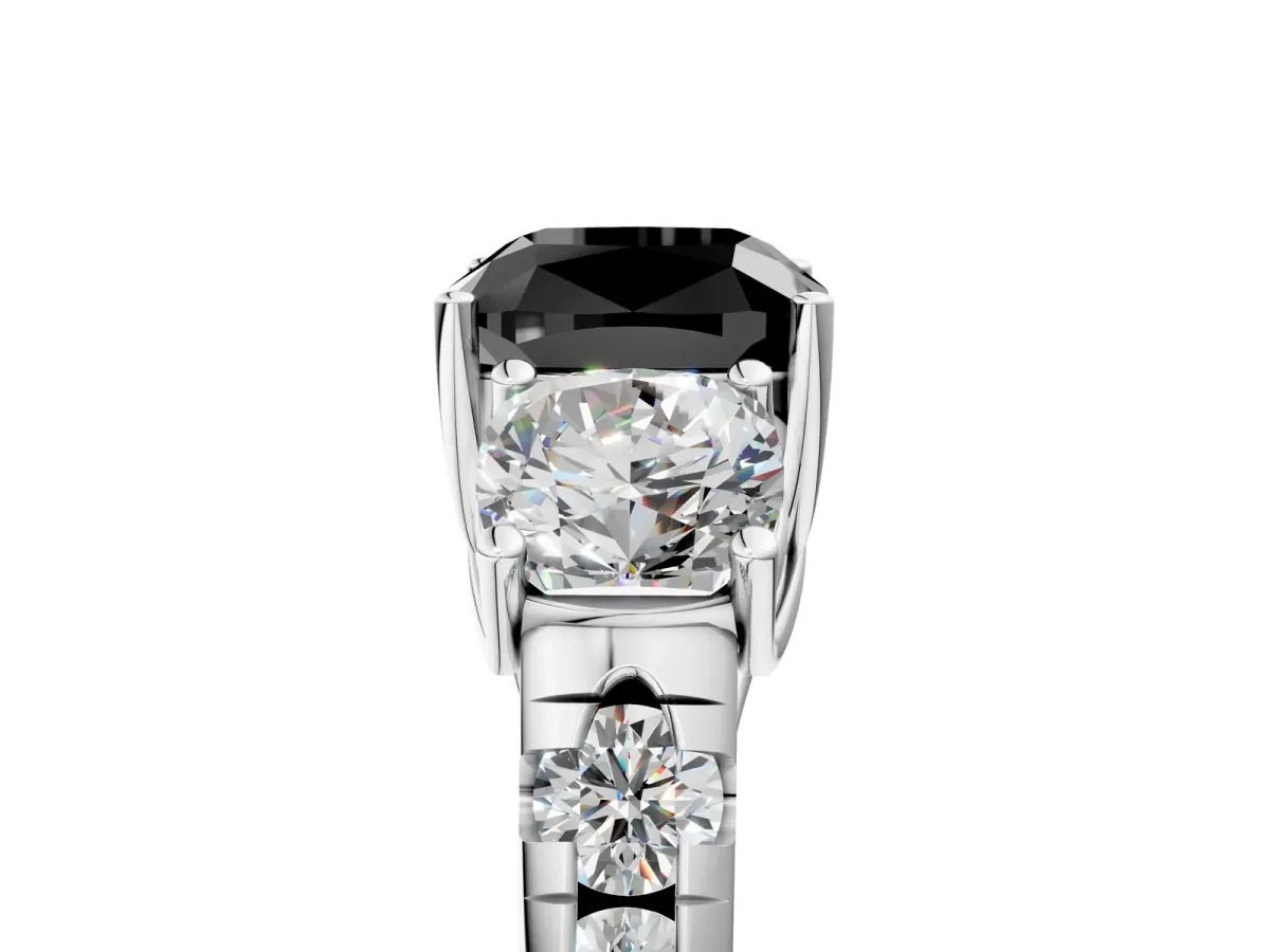 Fancy Black Three-Stone Cushion Cut Diamond Pavé Band with Prong Setting Platinum