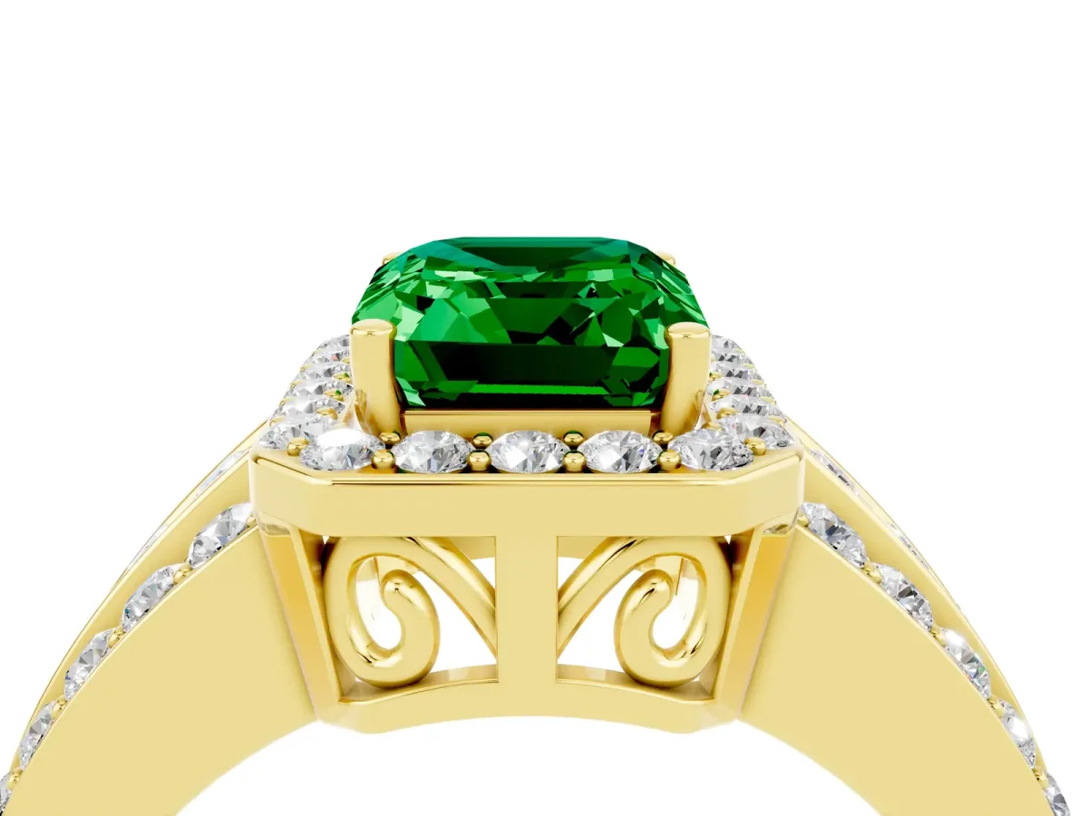 Emerald Cut Halo Emerald Ring with Round Split Shank and Prong Setting Yellow gold