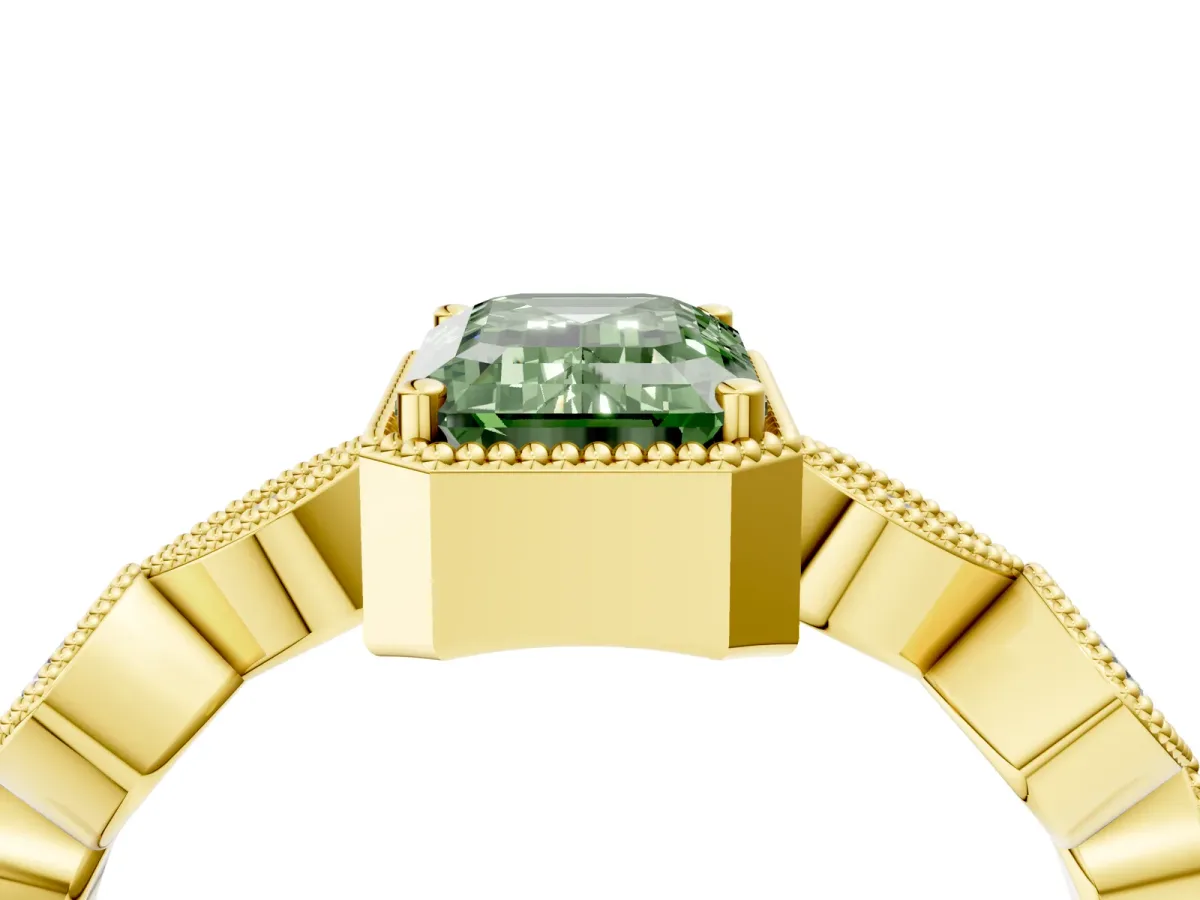 Fancy Green Emerald Cut Diamond Vintage Milgrain Ring with Round Stations Yellow gold