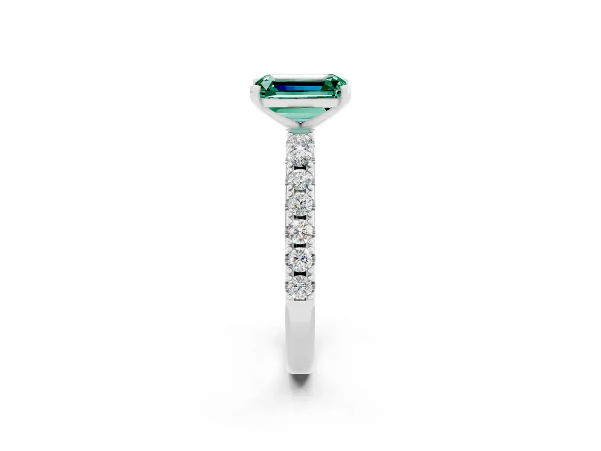 Emerald Cut Green Sapphire Solitaire Pavé Band with Four-Prong Setting Silver