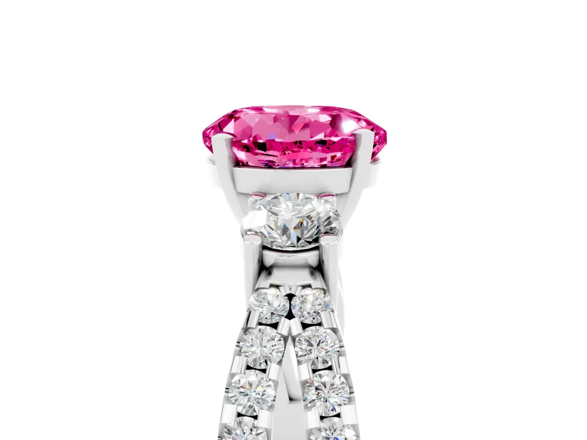 Round Cut Pink Sapphire Three-Stone Ring with Pavé Split Shank and Four-Prong Setting Silver