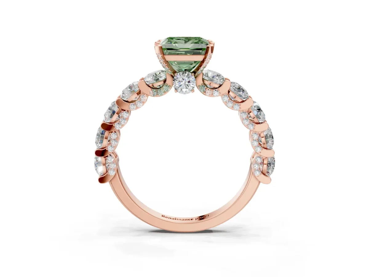 Fancy Green Princess Cut Diamond Side Stone Engagement Ring with Four-Prong Setting Rose gold