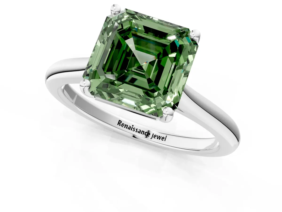 Fancy Green Asscher Cut Cut Solitaire Ring with Cathedral Band and Four-Prong Setting Platinum