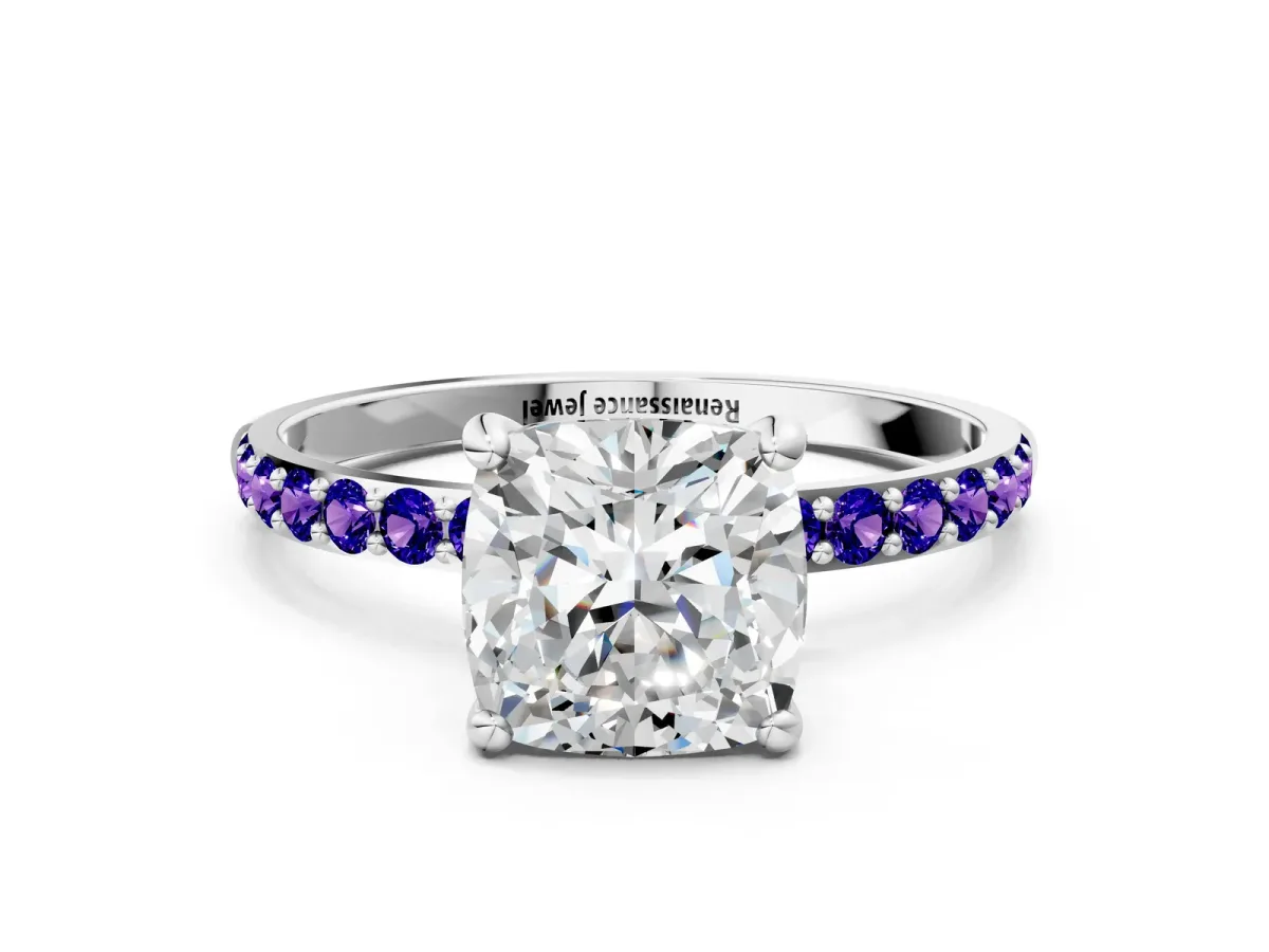 Cushion Cut Diamond Solitaire Ring with Round Tanzanite Pavé Band and Prong Setting Silver