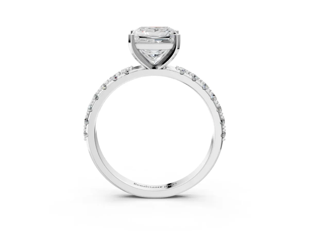 Princess Cut Diamond Solitaire Pavé Band with Four-Prong Setting Platinum