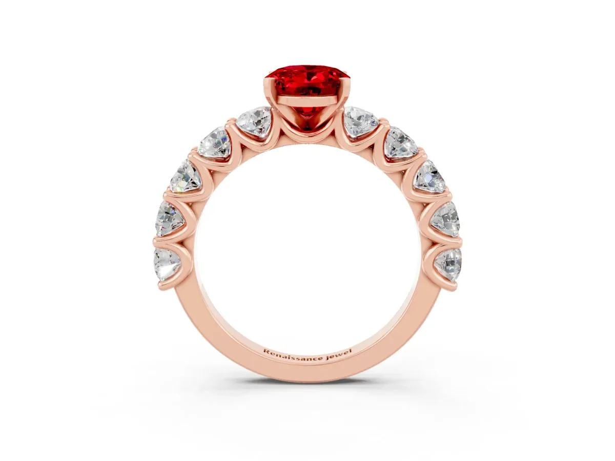 Oval Cut Ruby Prong Setting with Side Stones on a Pave Band Rose gold