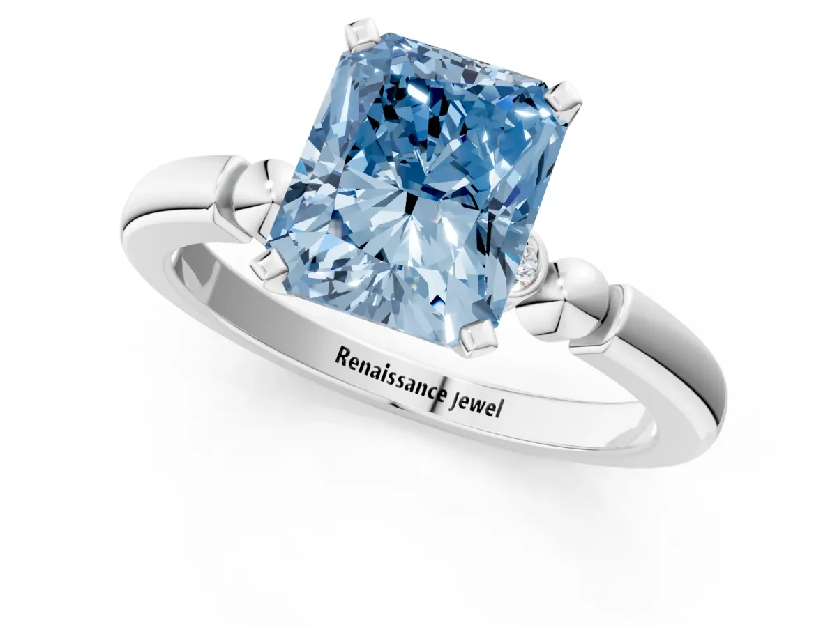 Fancy Blue Radiant Cut Solitaire Beaded Band with Four-Prong Setting Platinum