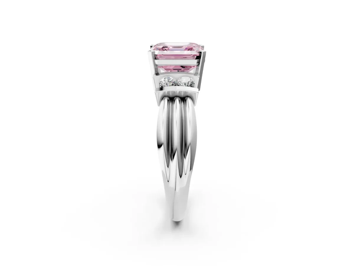Fancy Pink Asscher Cut Cut Three-Stone Channel Set Ring with Bar Prongs Platinum