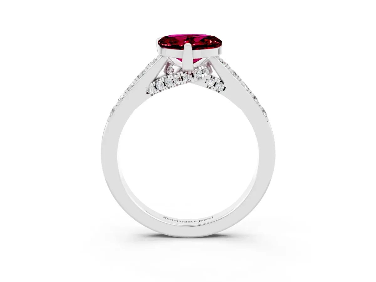 Heart Cut Garnet Solitaire Ring with Crossover Gallery and Round Pavé Band Silver