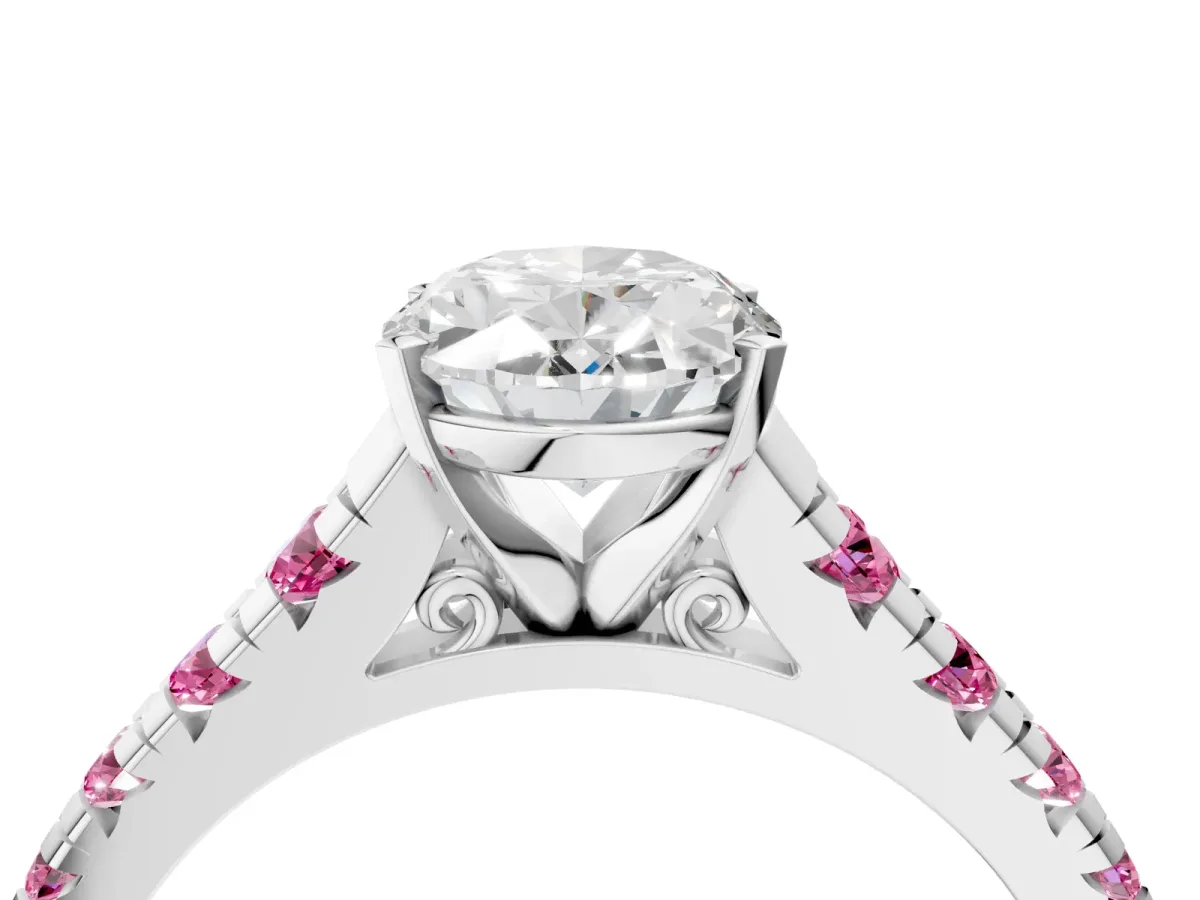 Oval Cut Diamond Cathedral Solitaire Ring with Round Pink Sapphire Pavé Band Silver