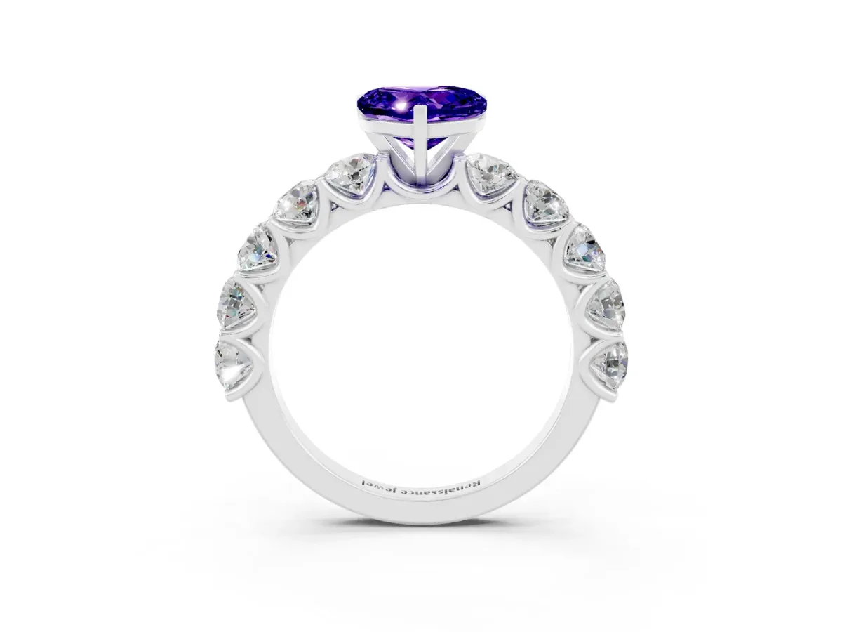 Heart Cut Tanzanite Prong Setting with Side Stones on a Pave Band Silver