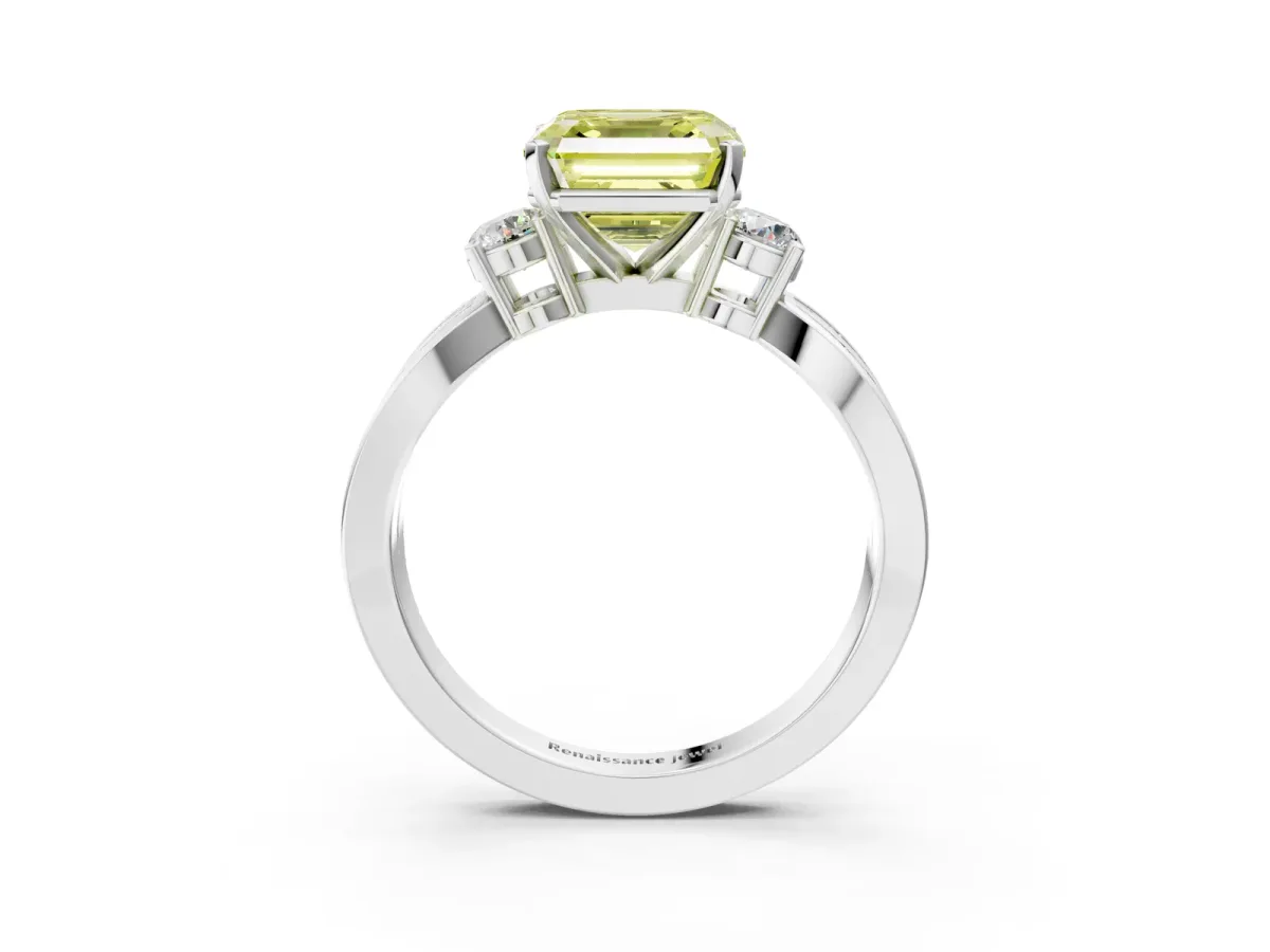 Fancy Yellow Three-Stone Asscher Cut Cut Diamond Twist Band with Prong Setting Platinum