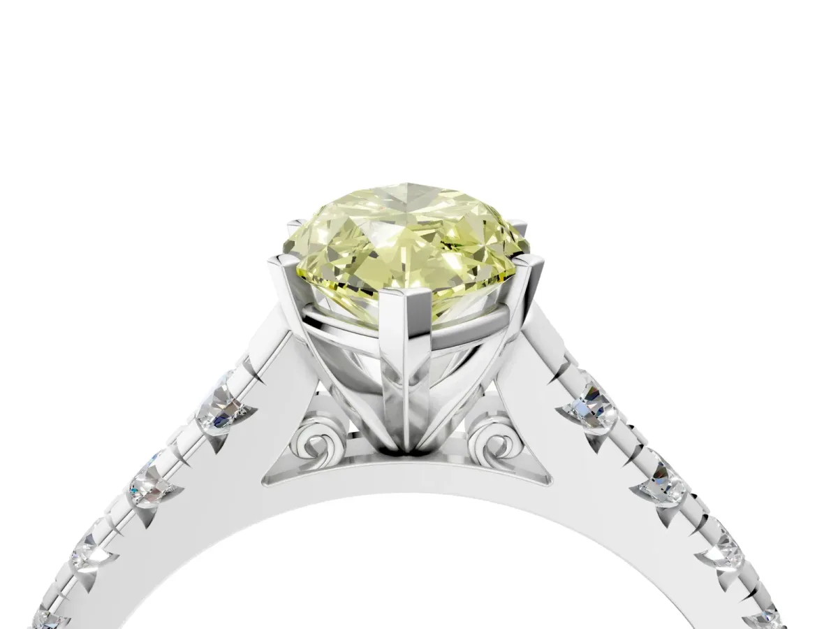 Fancy Yellow Marquise Cut Diamond Cathedral Solitaire Ring with Round Pavé Band Silver