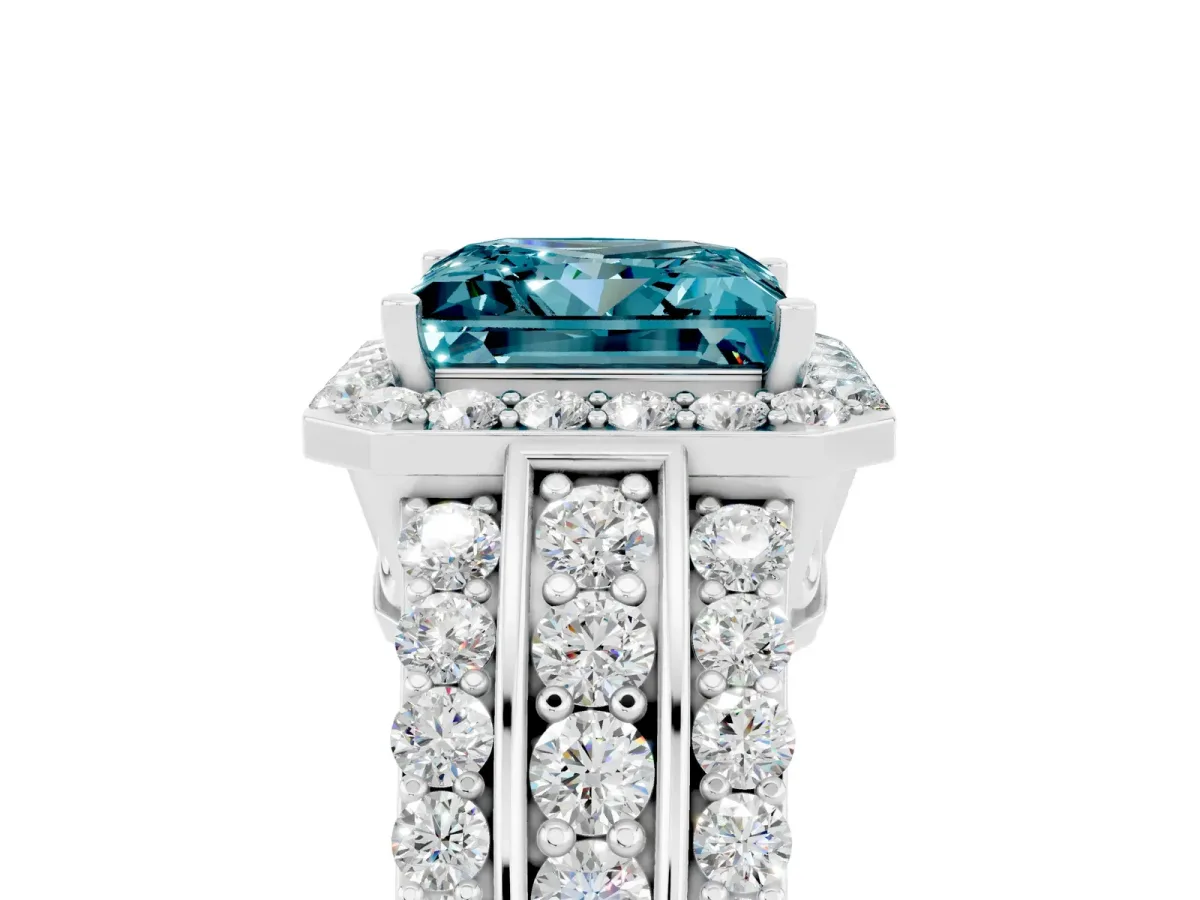 Princess Cut Halo Blue Topaz Ring with Round Split Shank and Prong Setting Silver
