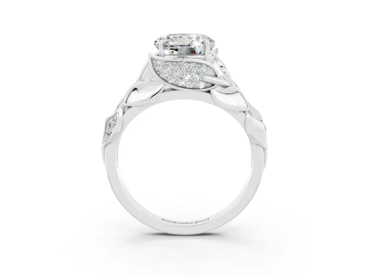 Round Cut Moissanite Leaf-Inspired Engagement Ring with Round Accents and Prong Setting Silver