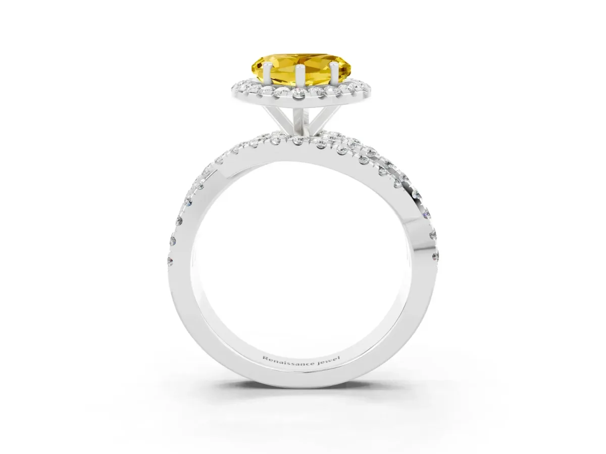 Heart Cut Yellow Sapphire Halo Ring with Round Split Shank and Prong Setting Platinum