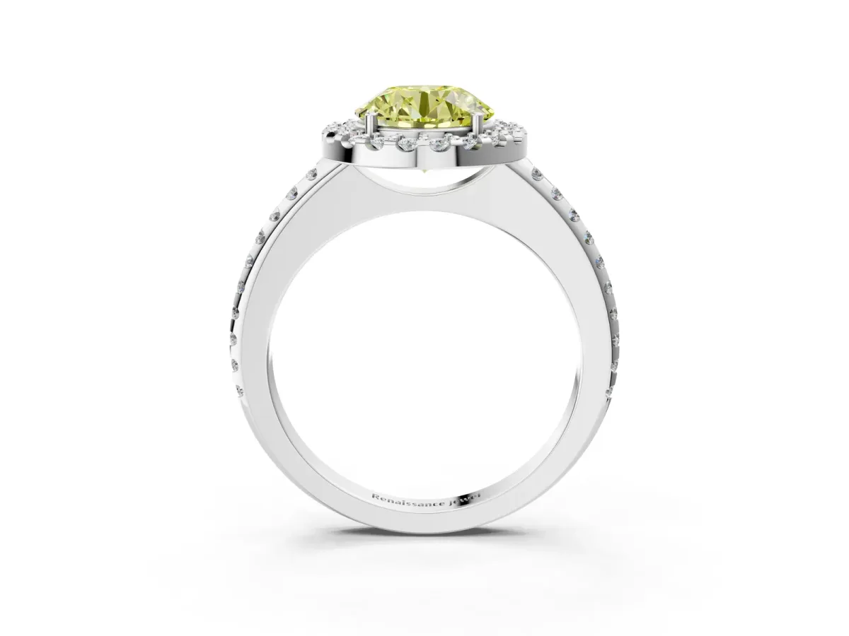 Fancy Yellow Round Cut Diamond Pavé Halo Ring with Four-Prong Setting Platinum