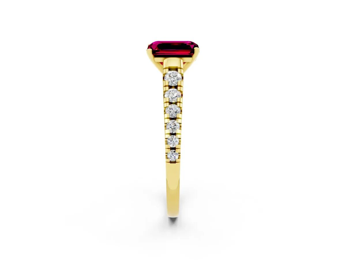 Emerald Cut Garnet Cathedral Solitaire Ring with Round Pavé Band Yellow gold