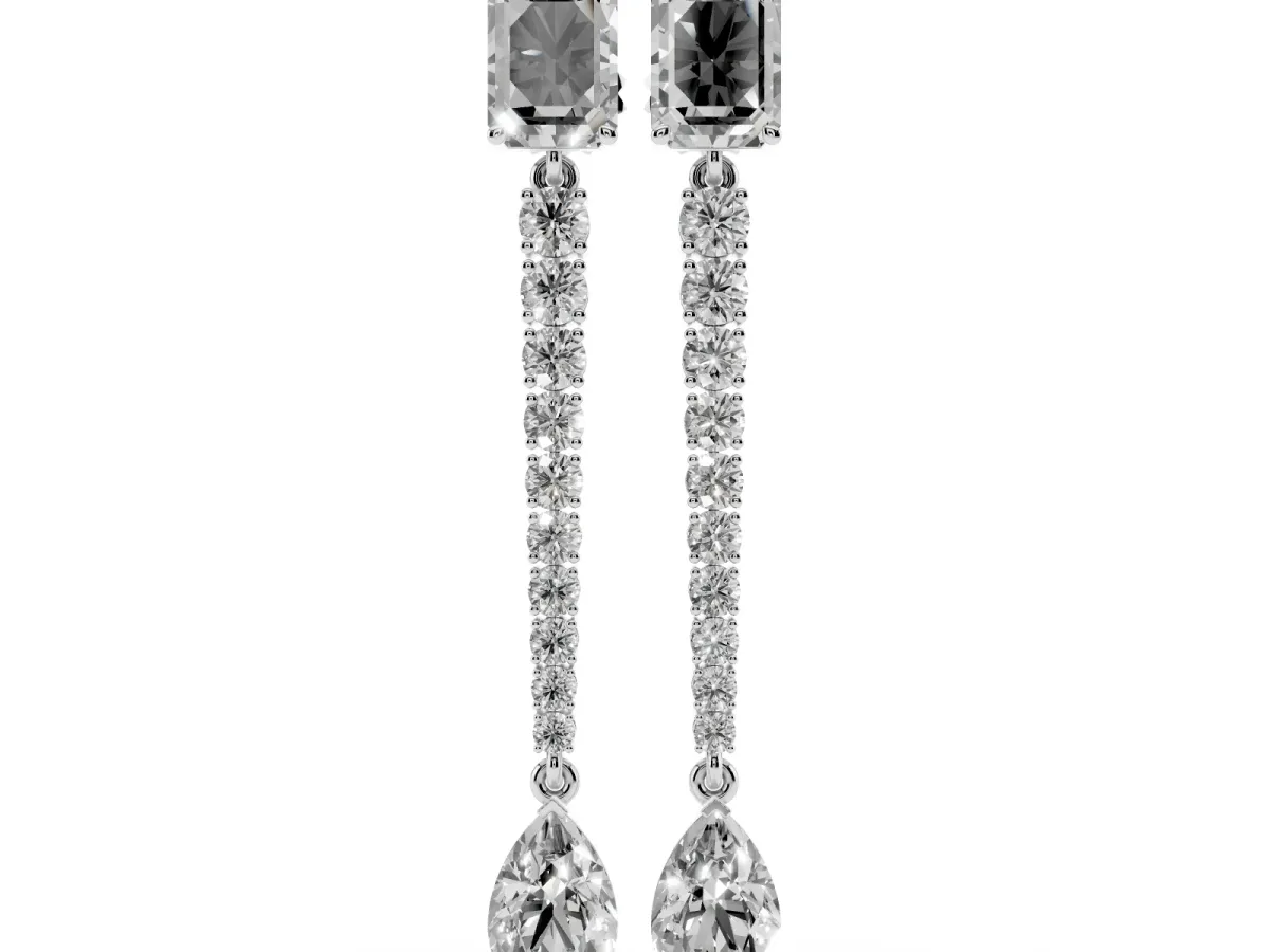 Emerald and Pear Diamond Linear Earrings with Round Lab Grown Diamond Accents White gold