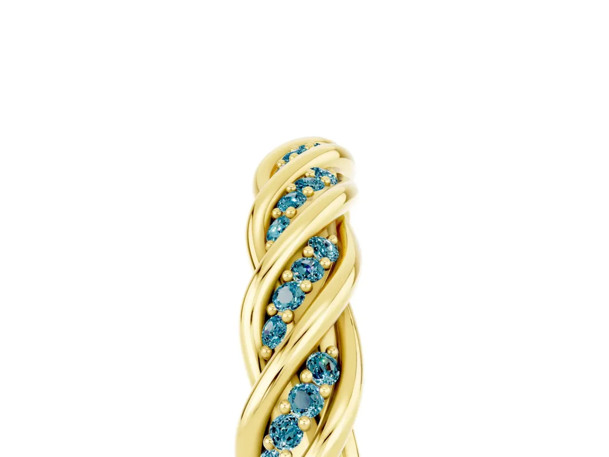 Twisted Pavé Round Blue Topaz Eternity Band with Shared Prong Setting Yellow gold