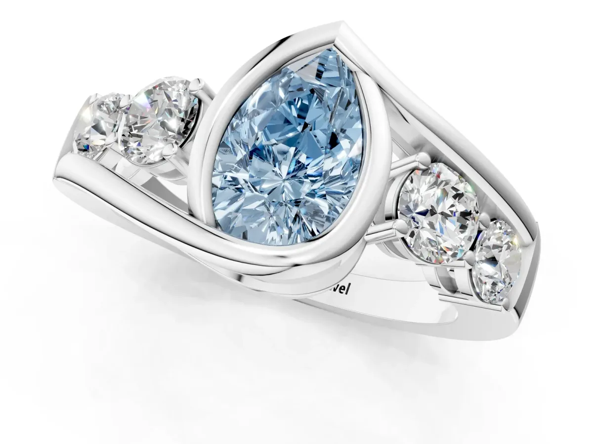 Fancy Blue Bezel Set Pear Cut Diamond Bypass Ring with Round Accents Silver