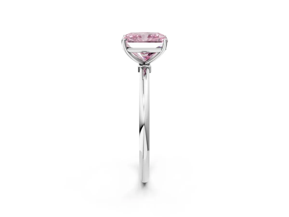 Fancy Pink Radiant Cut Cut Solitaire Engagement Ring with Thin Band and Four-Prong Setting Platinum