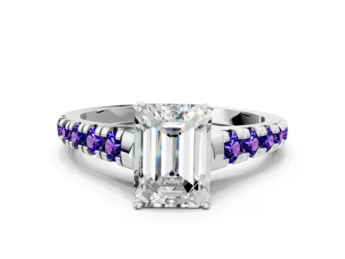 Emerald Cut Diamond Cathedral Solitaire Ring with Round Tanzanite Pavé Band Silver
