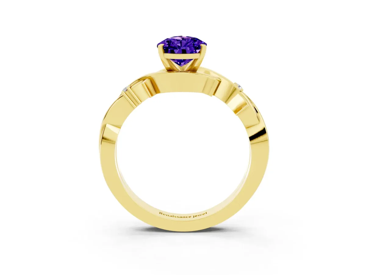 Pear Cut Tanzanite Solitaire Ring with Twisted Band and Prong Setting Yellow gold