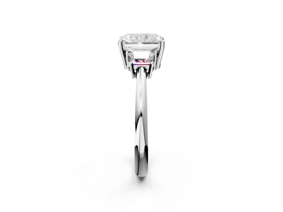 Radiant Cut Diamond Three-Stone Ring with Trapezoid Side Stones and Prong Setting Silver