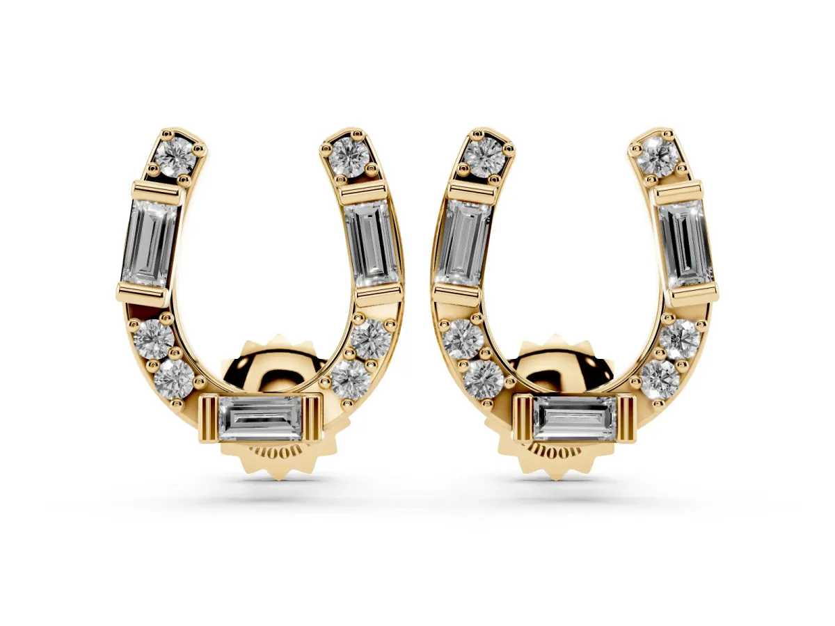 Baguette and Round Diamond Horseshoe Stud Earrings Yellow gold