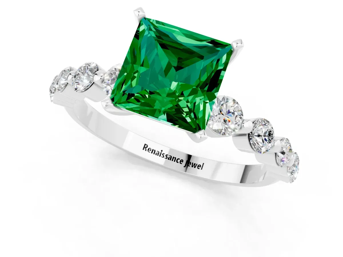 Princess Cut Solitaire Emerald Ring with Pave Band and Four-Prong Setting Platinum