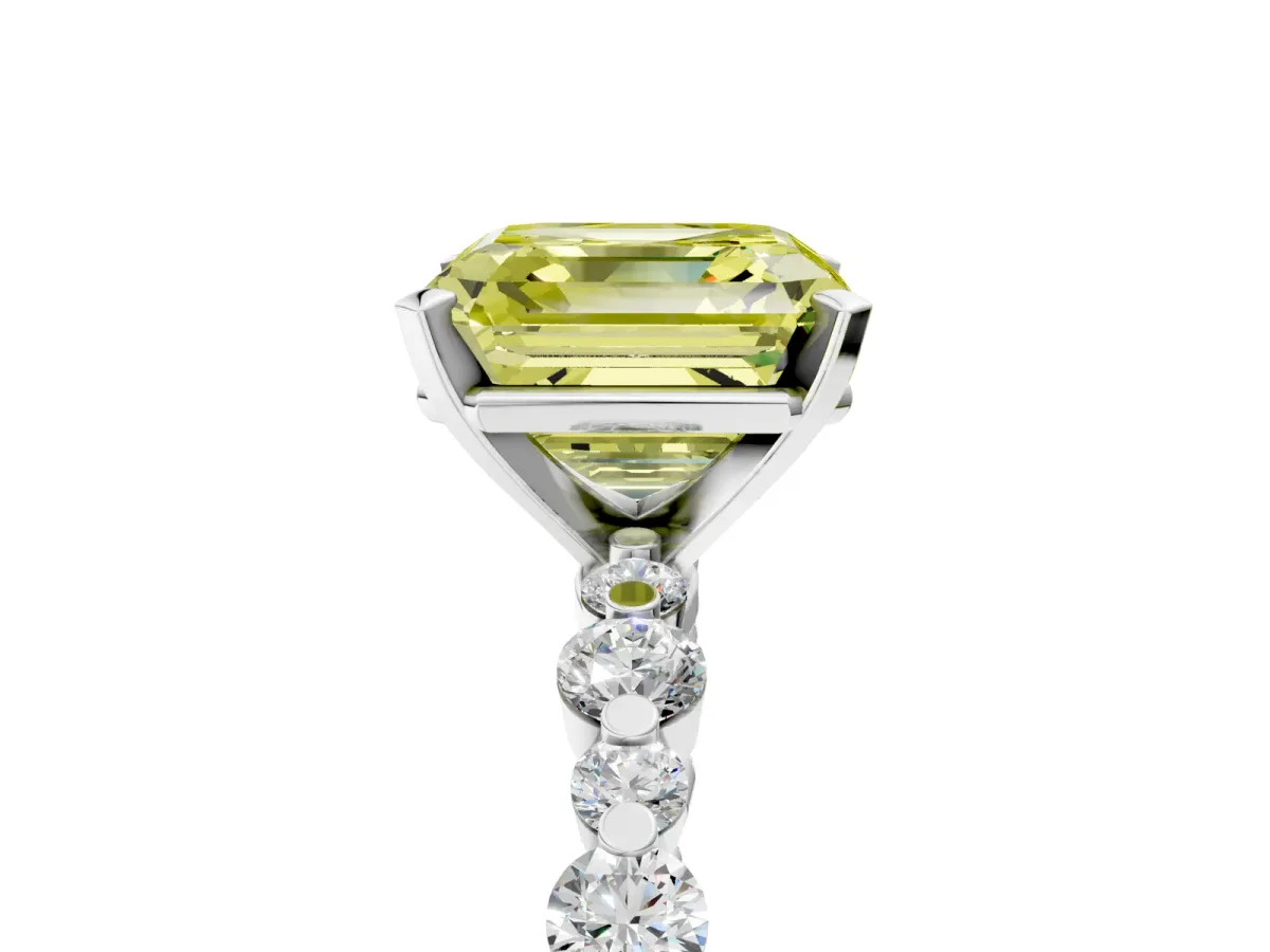 Fancy Yellow Asscher Cut Diamond Prong Set Engagement Ring with Pavé Band Platinum