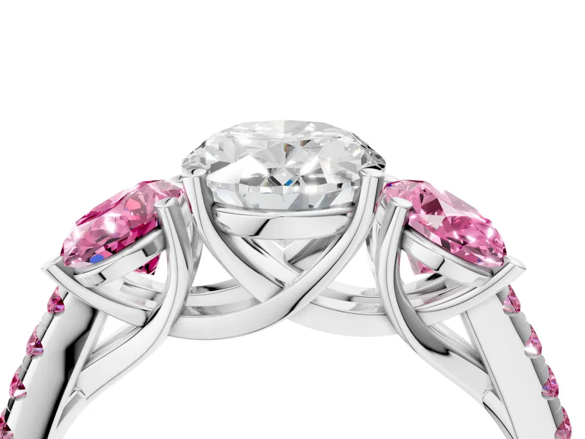 Three-Stone Oval Cut Diamond Ring with Round Pink Sapphire Pavé Band and Prong Setting Silver
