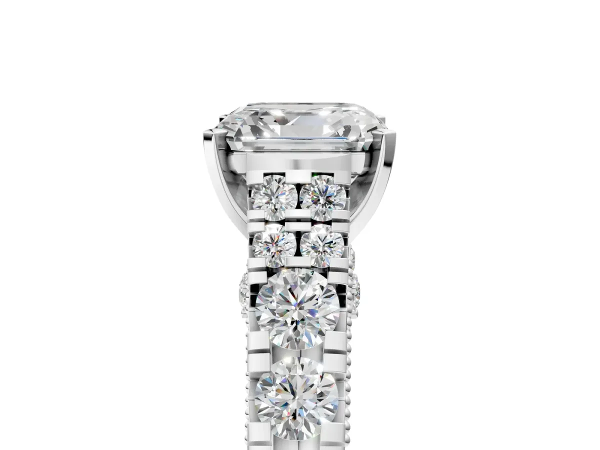 Asscher Cut Diamond Classic Solitaire Ring with Pavé Band and Four-Prong Setting Platinum
