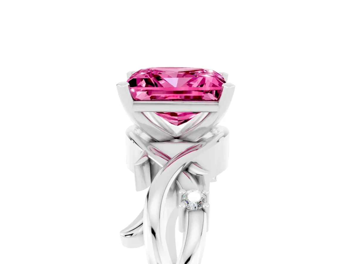 Princess Cut Pink Sapphire Solitaire Ring with Twisted Band and Prong Setting Silver