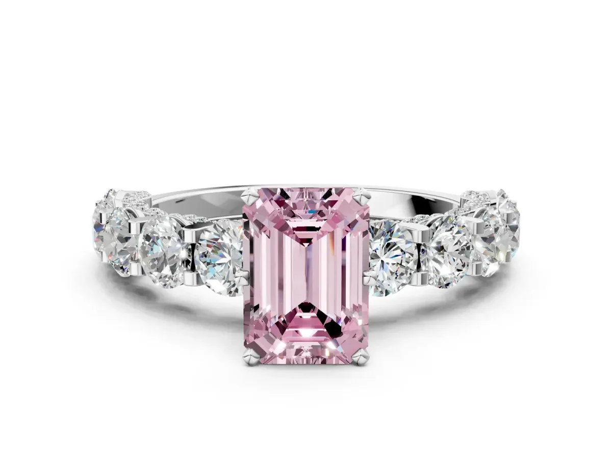 Fancy Pink Emerald Cut Diamond Side Stone Engagement Ring with Four-Prong Setting White gold